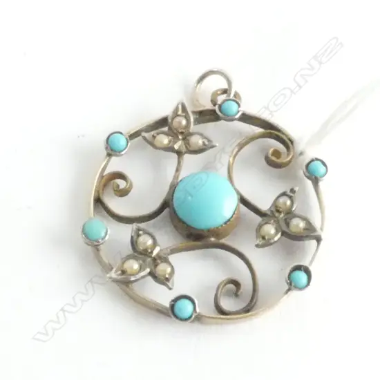 PENDANT, TURQUOISE (?) AND SEED PEARL, PROBABLY GOLD PLATED