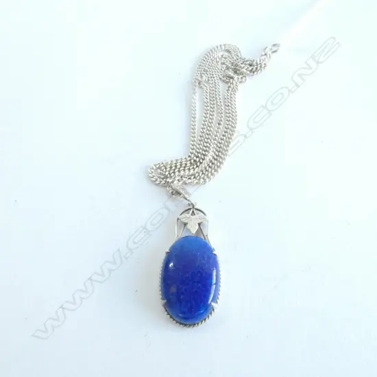 BLUE STONE PENDANT SET IN STG SILVER - LONG 600MM STG SILVER CHAIN