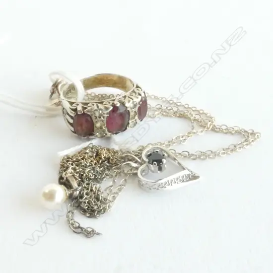 STG & PURPLE STONE RING + 2 STG PENDANT NECKLACES
