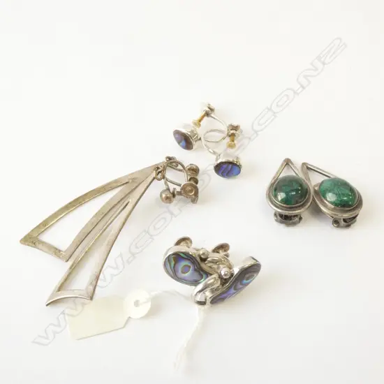 FOUR PAIRS SILVER EARRINGS INCLUDING PAUA