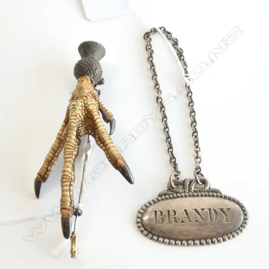 SCOTTISH GROUSE CLAW STICK PIN & SILVER PLATE BRANDY SWING TAG