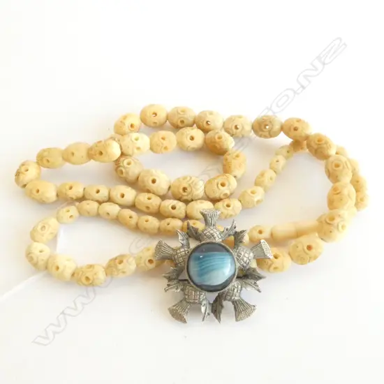 BONE BEAD NECKLACE AND COSTUME SCOTTISH BROOCH