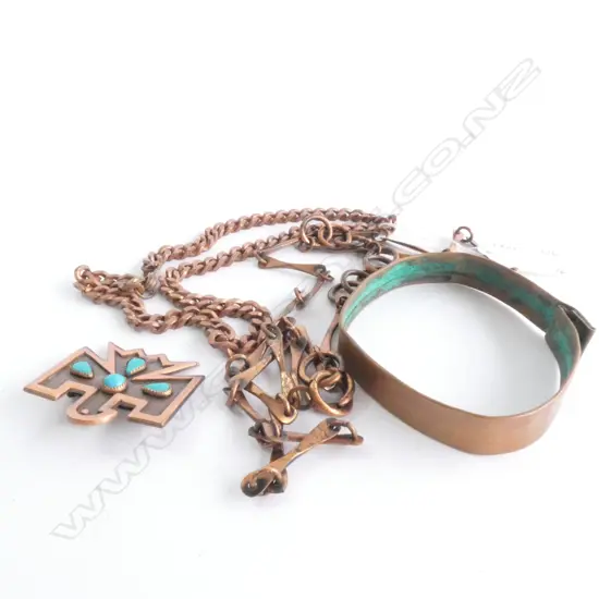 COPPER JEWELLERY; NECKLACE 820MM, NECKLACE 48MM, BANGLE, BROOCH WITH TURQUOISE L.42MM