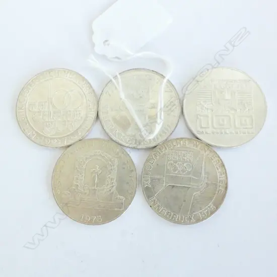 AUSTRIAN SILVER 100 SCHILLING COINS, .4938OZ OF SILVER IN EACH COIN, 1974, 1975, 1976, 1977, 1978, 5 COINS ALMOST 2.5 OZ