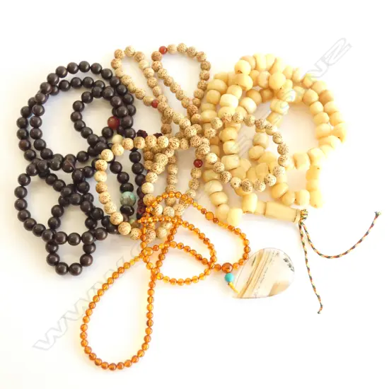 FOUR ASST. ORIENTAL BEADED NECKLACES; 1 EAGLE BONE