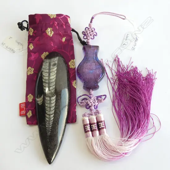 ORIENTAL PURPLE GLASS CHARM WITH TASSLE & ENGRAVED STONE 
