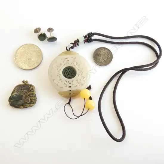 SM BAG ORIENTAL JEWELLERY, OLD NZ & ENGLISH COINS, JADE CUFF LINKS ETC