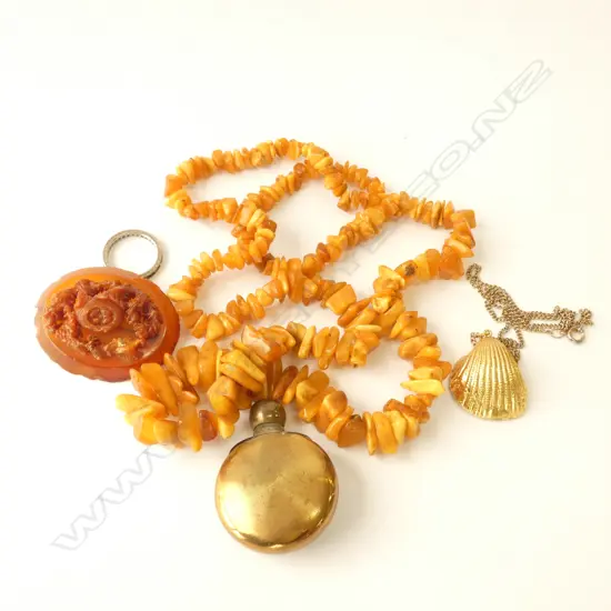 AMBER NECKLACE, STG RING, AMBER BROOCH AF, ETC