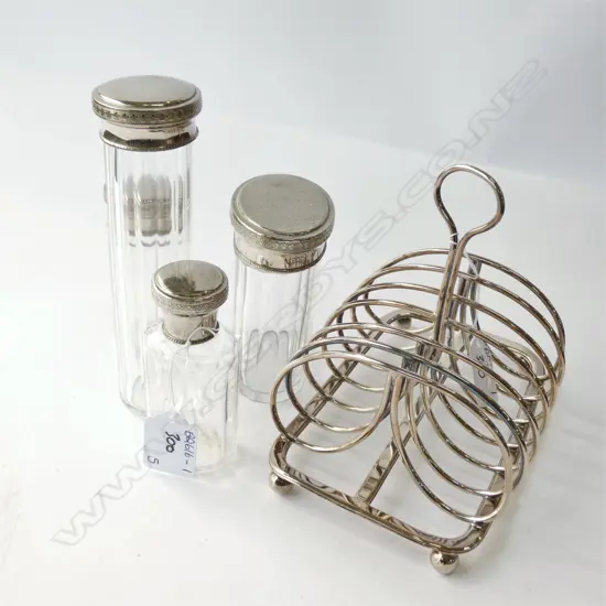 FOUR GLASS & SILVER PLATE TOPPED VANITY JARS & 6-SLICE TOAST RACK