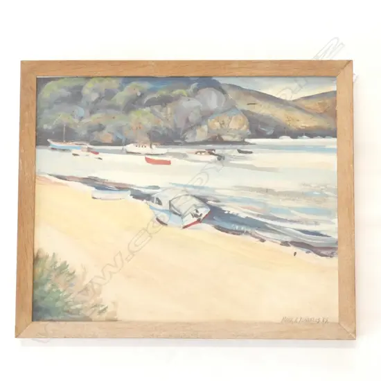 MARK K.VENABLES (1917-2003) OIL ON BOARD NZ SUMMER BEACH WITH BOATS IN HARBOUR, signed & dated 67, 355 x 440mm