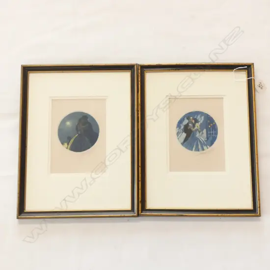 GEORGES PIERRE GUINEGAUL (1839-1982) PAIR ART DECO AQUATINTS. dia.100mm, 370x280mm overall