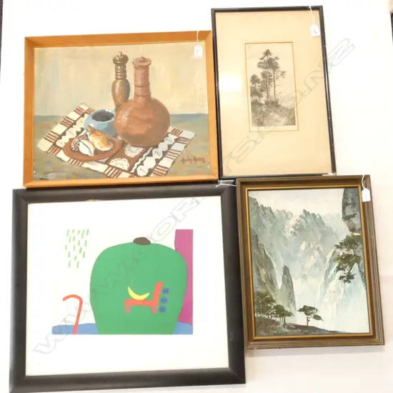 4 ARTWORKS; JACKSON SIMPSON BEN LOMOND PINE ETCHING, MOUNTAINS OIL, PRINT, AVIS ACRES STILL LIFE OIL 400 X 500MM