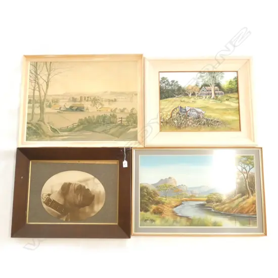 4 ARTWORKS; 19thC DOG PHOTO, F. HALL OIL LANDSCAPE, AFRICAN LANDSCAPE OIL, GAIR PRINT 470 X 625MM