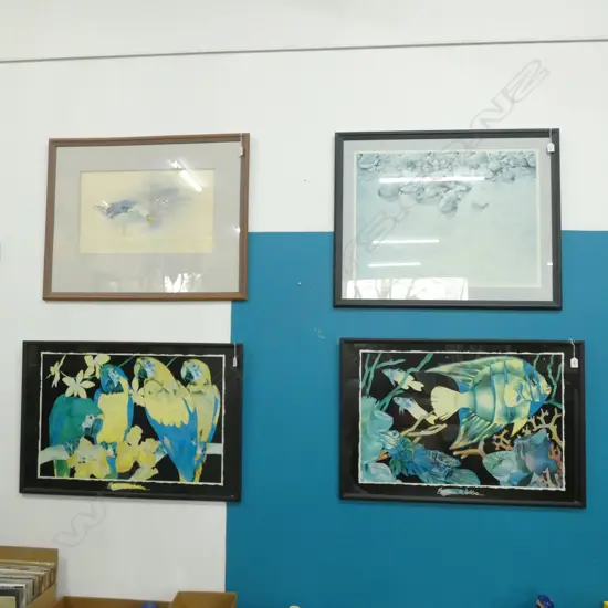 4 LARGE ARTWORKS; PLOVER CHICKS PRINT, SEAGULL W/C, PR BARBARA WALLACE PRINTS 500 X 760MM 