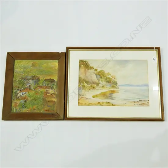 2 ARTWORKS; RAINER OIL ON BOARD + ANGUS ELLIOT 'THE 3 MOUNTAINS FROM LAKE TAUPO' W/C 260 X 375MM