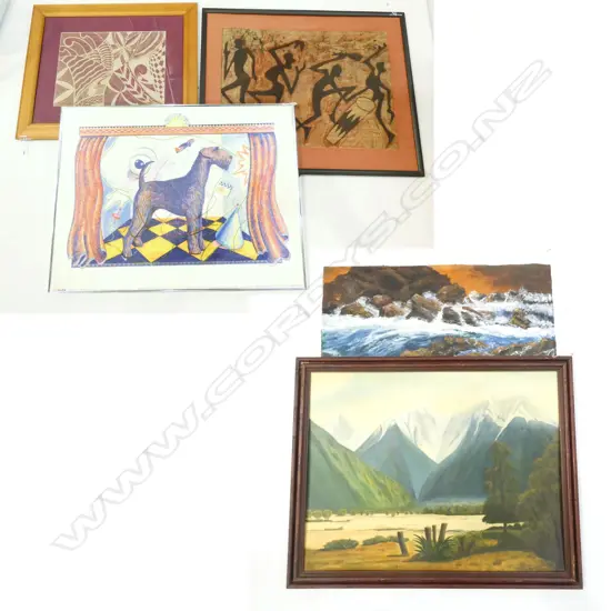 5 ARTWORKS; RED PACIFICA PRINT, J.R.CONWAY LANDSCAPE 545 X 695MM, SEA OIL, DOG PRINT, AFRICAN FABRIC