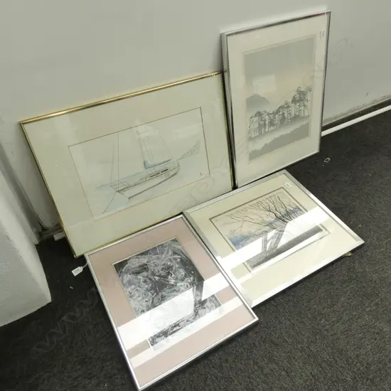 4 METAL FRAMED ARTWORKS; BOB SANDERS 'PINES' 455 X 370MM, HARVEY KLYNE YACHT PENCIL, BEATTIE TREE PRINT, ABSTRACT