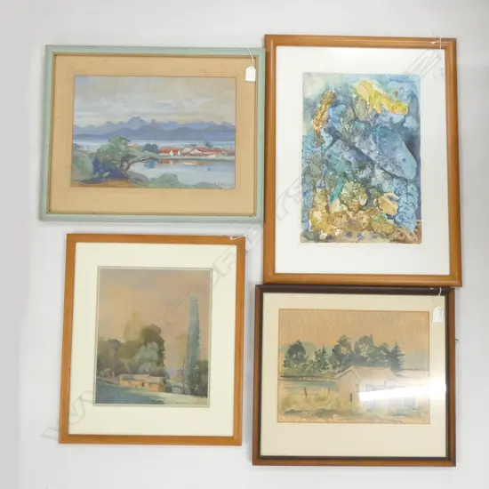 4 W/CS; K. A. VANE BLUE LANDSCAPE, ELDERSHAW COTTAGE SCENE 305 X 255MM, LAWRIE SHED, SIGNED BLUE ABSTRACT