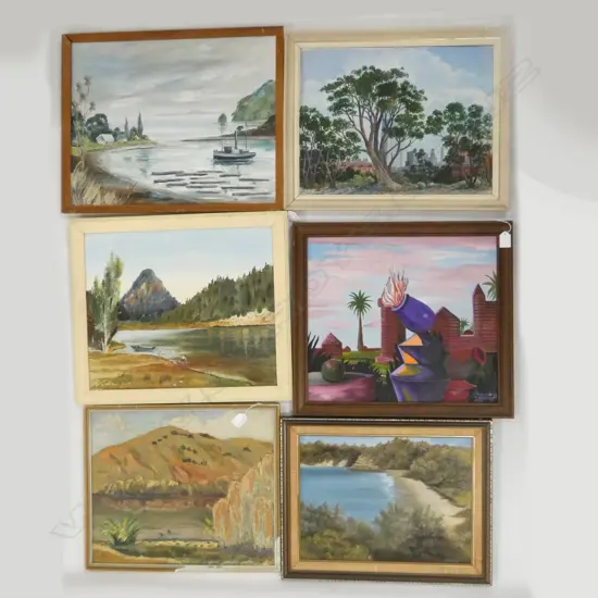 6 OIL ON BOARD ARTWORKS; TREE '67, M. DOWNEY ABSTRACT '95 385 X 440MM, M. K. 'TUTIRA', LAWRIE HARBOUR, SCOTT, WALKER