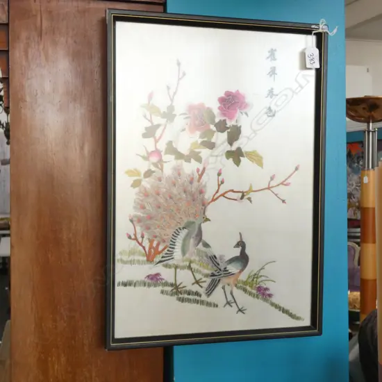 FRAMED CHINESE SILK NEEDLEWORK 470 X 320MM