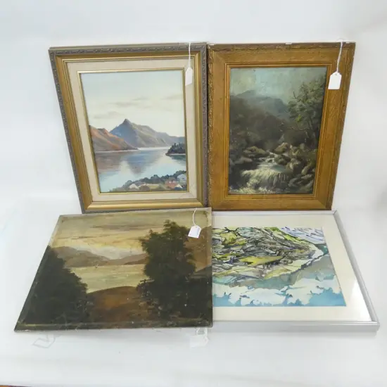 4 ARTWORKS; 19thC OIL 300 X 205MM, MEIBOWITZ W/C, UNFRAMED 19thC OIL ON BOARD, BETH BURN OIL