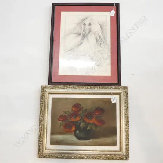 STILL LIFE POPPIES PLUS PENCIL OF DOG 