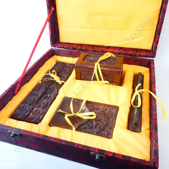 ORIENTAL CARVED WOODEN CALLIGRAPHY SET -  IN SATIN LINED BOX