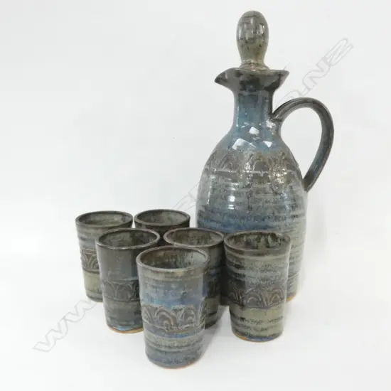 POTTERY CARAFE AND CUPS 