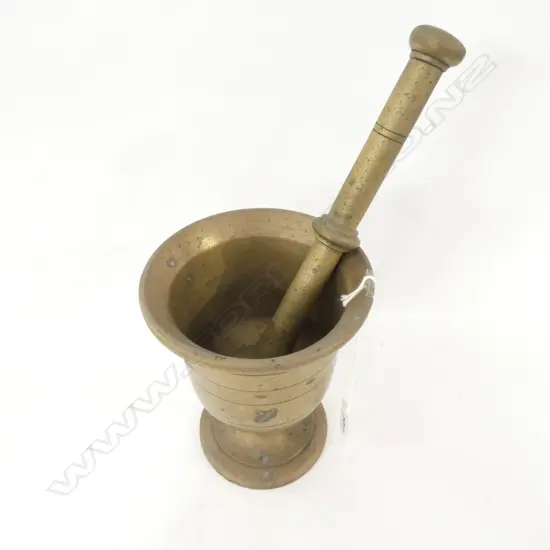 TURKISH HEAVY BRASS MORTAR & PESTLE, H. 140MM
