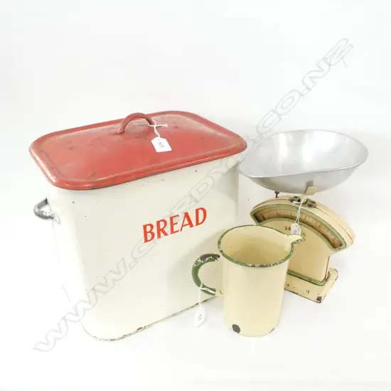 VINTAGE ENAMEL BREAD BIN, SALTER SCALE, JUG 
