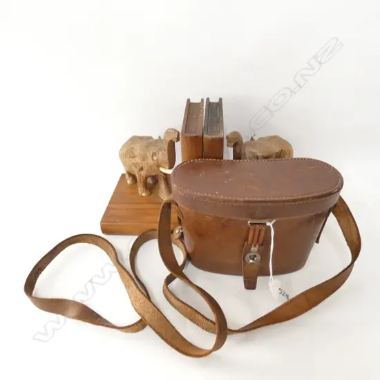 PR CARVED WOODEN ELEPHANT BOOKENDS + CASED BINOCULARS 