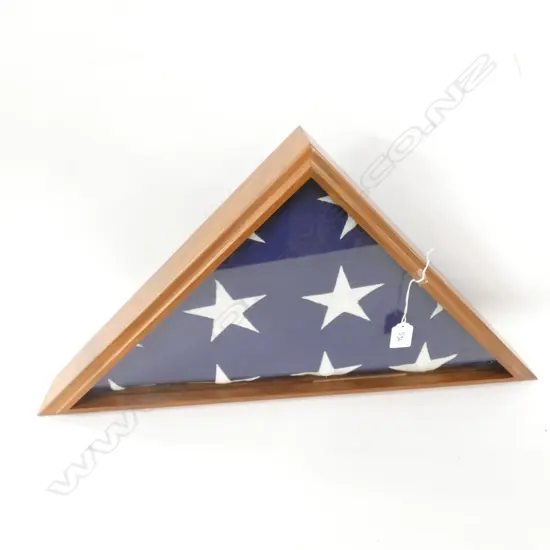 QUALITY STITCHED AMERICAN FLAG FOLDED IN TRIANGULAR WALNT GLAZED CASE