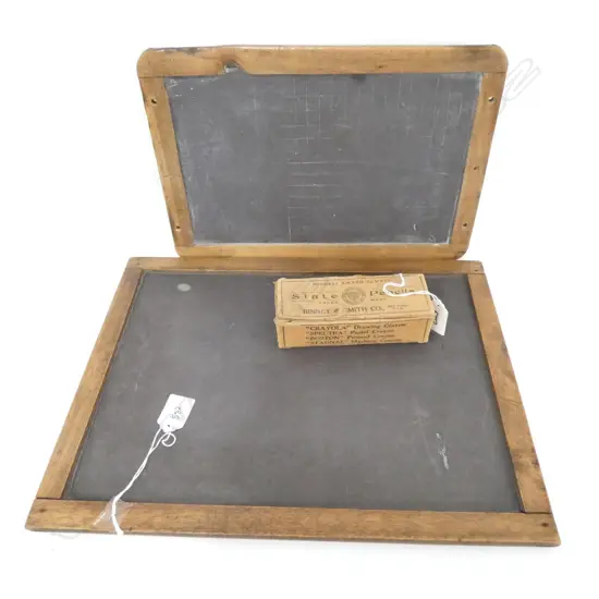 TWO OLD SCHOOL SLATES WITH A BOX OF SLATE PENCILS