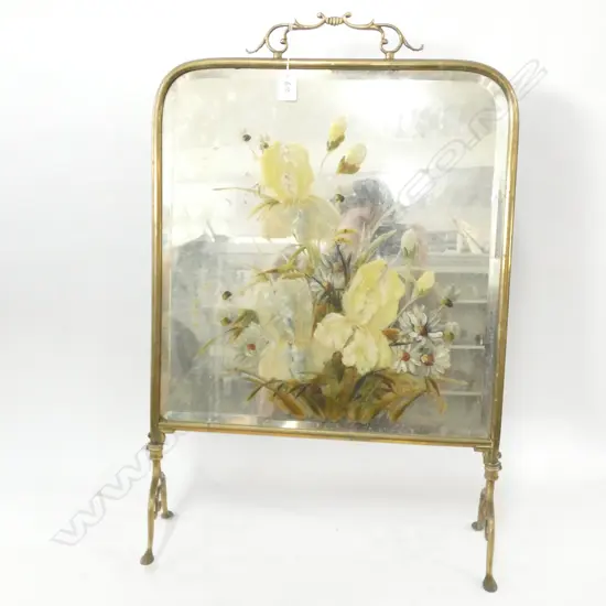 EDWARDIAN BRASS MIRRORED FIRE SCREEN H 730 MM