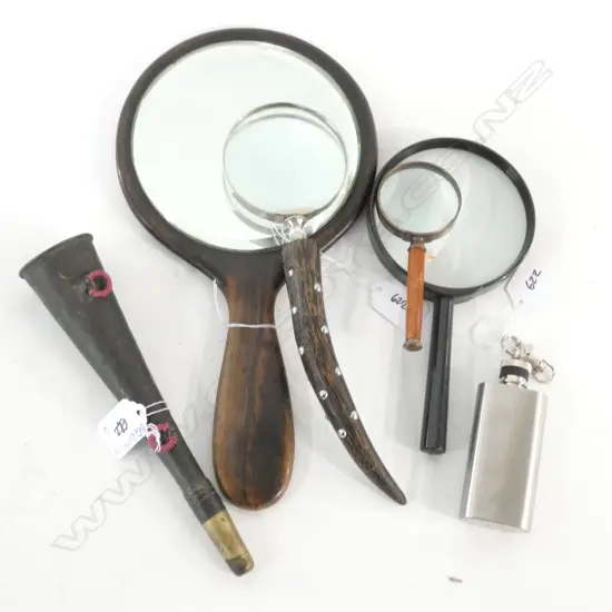 THREE OLD MAGNIFYING GLASSES; WOODEN MIRROR W STG PLAQUE, BRASS HORN, FLASK, 