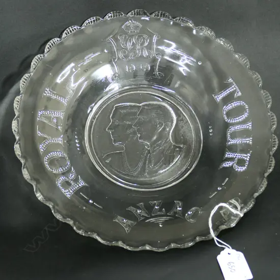 GLASS ROYAL ANZAC TOUR DISH C1949. DIA. 260MM