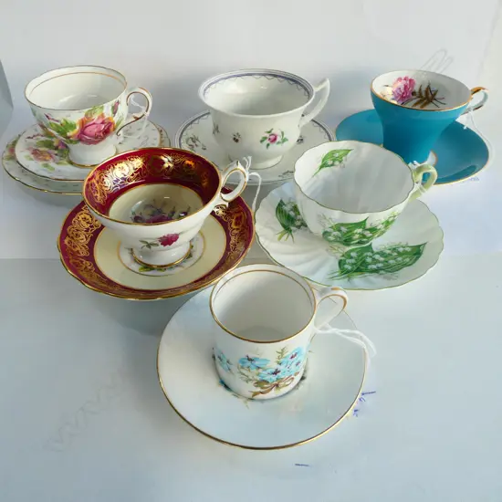 SIX CUPS & SAUCERS; SHELLEY LILY OF THE VALLEY, HAMMERSLEY, AYNSLEY, PARAGON & 1 PARAGON TRIO