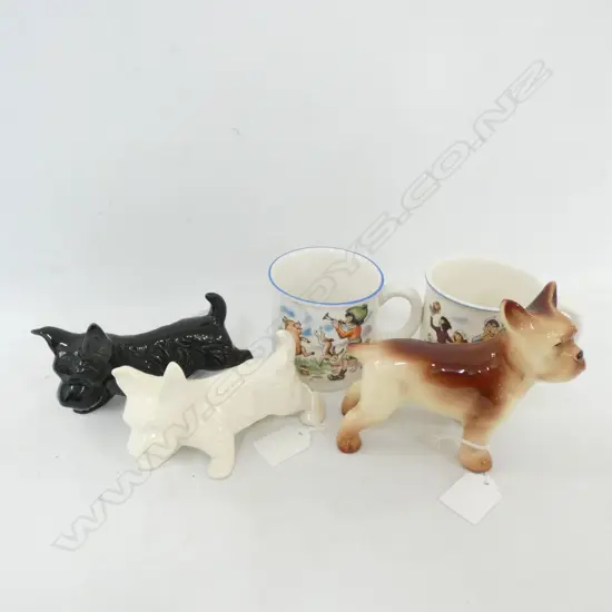 PAIR CROWN LYNN SCOTTIE DOGS & NURSERY WARE MUGS PLUS ONE OTHER DOG.