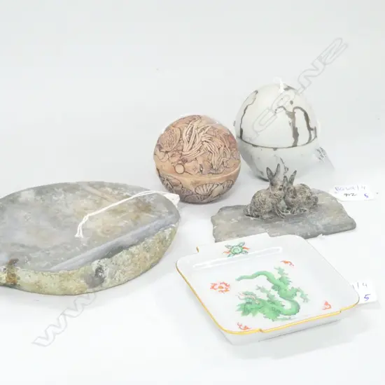 5 PCES; METAL RABBITS, STONE, 2 CERAMIC EGGS, PIN DISH