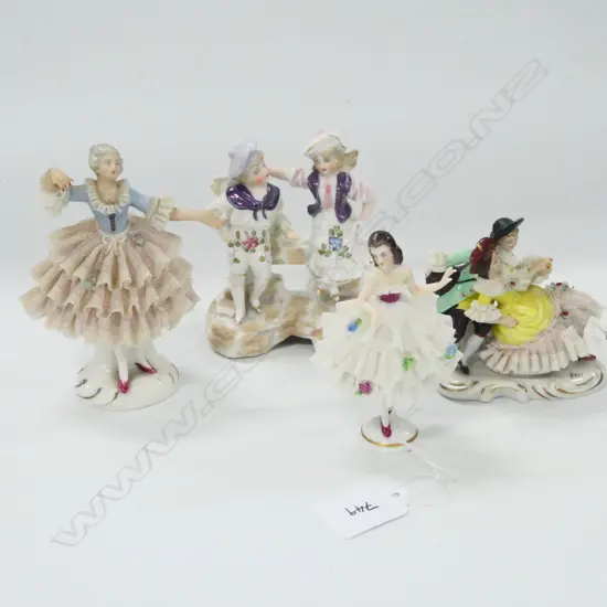 THREE GERMAN PORCELAIN LACE FIGURINES (TALLEST 110MM) & ONE OTHER 