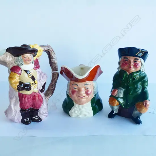 THREE CHARACTER JUGS INCL MUSKETEER & SQUIRE. LARGEST H. 145MM