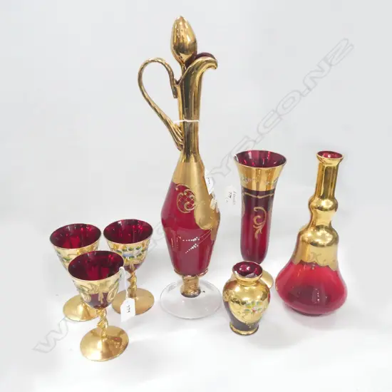VENETIAN GLASS EWER DECANTER NO STOPPER 2 VASES + 3 WINE GLASSES H 460 MM