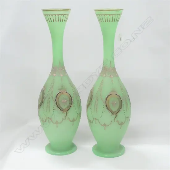 PR OF VICT GREEN GLASS VASES WITH APPLIED DECORATION H 500 MM