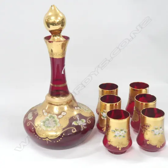 VENETIAN DECANTER + 6 GLASSES SOME WARE TO DECANTER H 370 MM