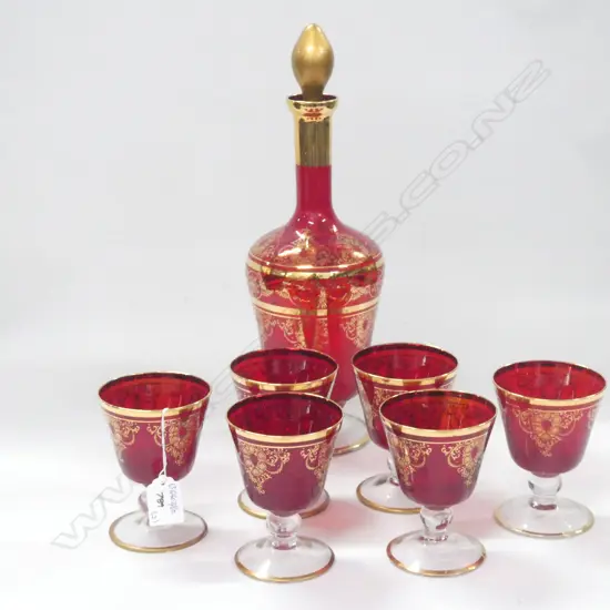 VENETIAN GLASS DECANTER + 6 WINE GLASSES H 360 MM 