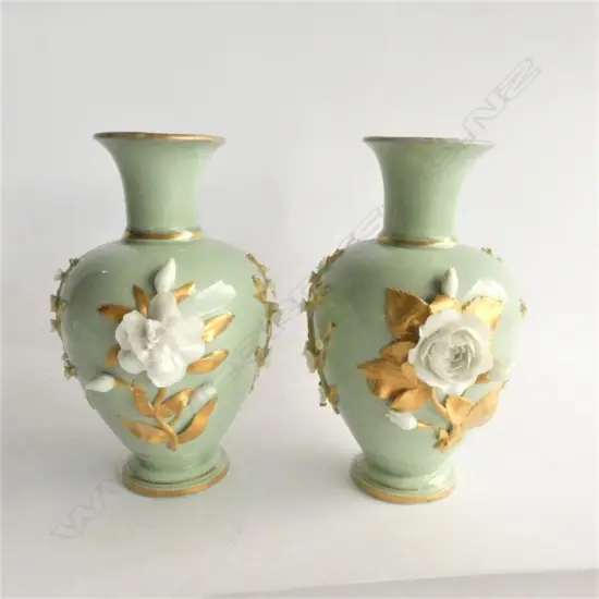 PAIR R/CROWN DERBY PORCELAIN VASES - WHITE & GOLD APPLIED FLOWERS. FAULTS  H. 155MM