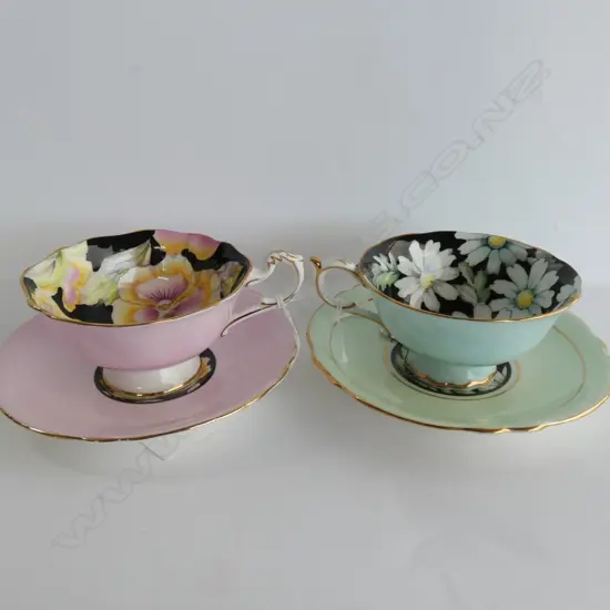 PR PARAGON BLACK & FLORAL CUPS & SAUCERS; #680 & #96600. LIGHT CRACK ON 1 SAUCER & 2 CUPS