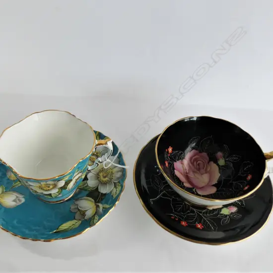 PR AYNSLEY CUPS & SAUCERS; BLACK  'ROSE' & BLUE & FLORAL #8018 & C632