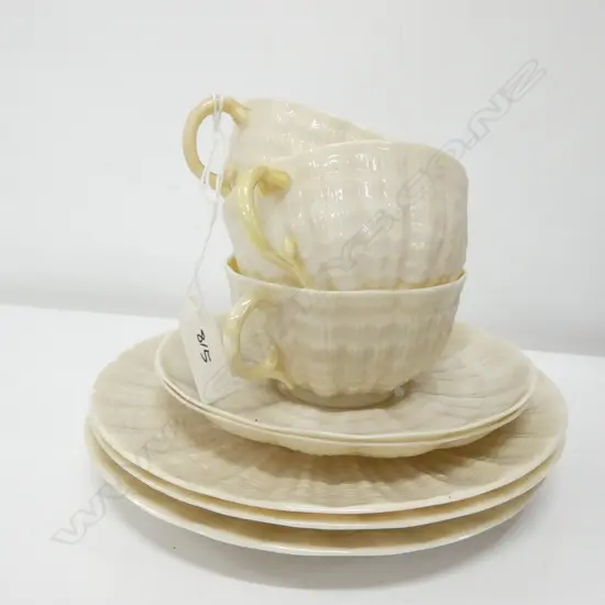 3 BELLEEK CUPS /PLATES + 2 SAUCERS