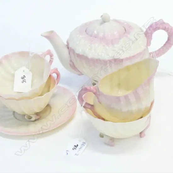 BELLEEK PINK & WHITE NEPTUNE 6 PCE SET. INCLUDES TEAPOT